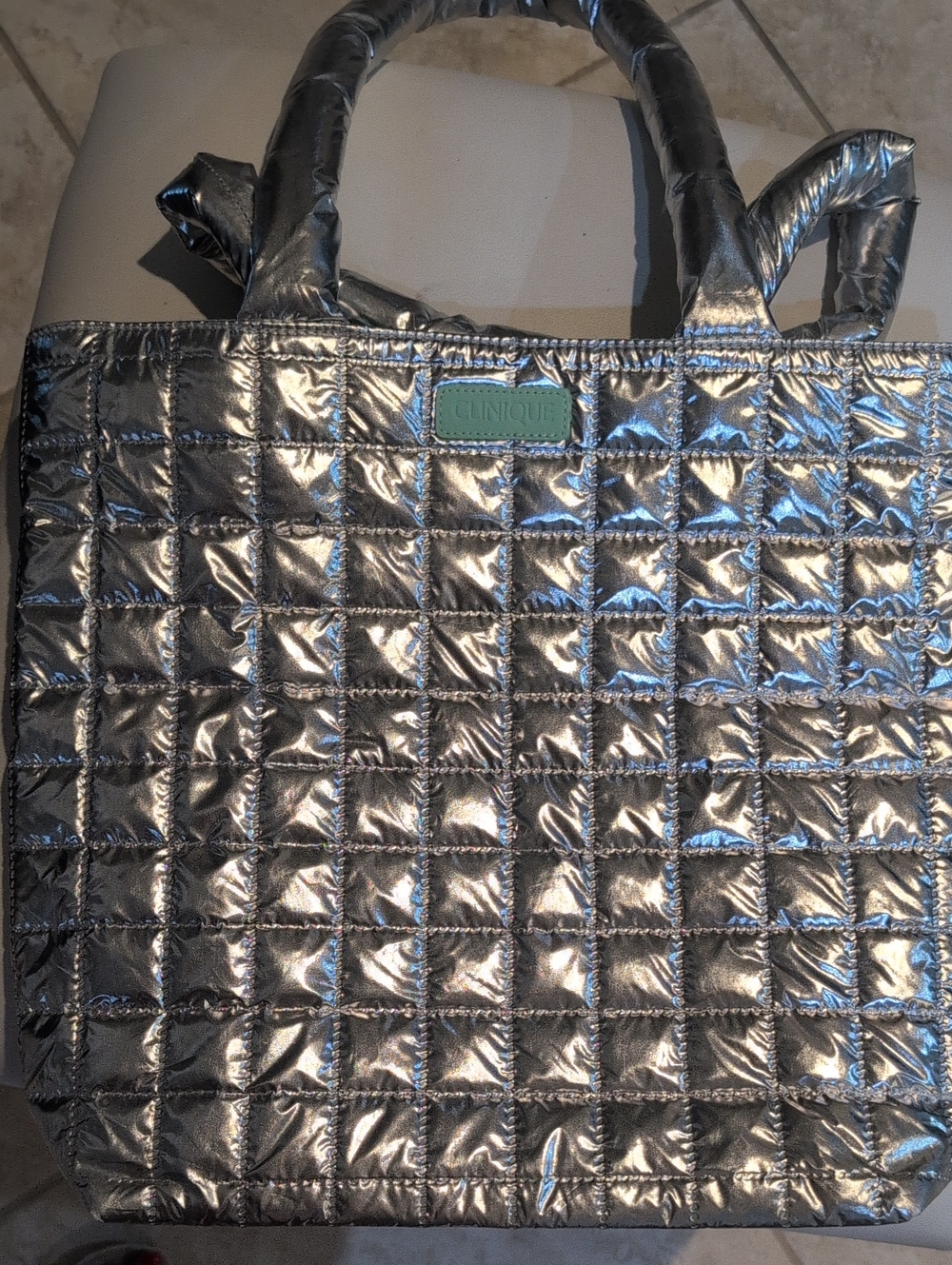 Metallic Silver Quilted Tote Bag By Clinique
